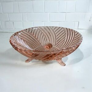 Anchor Hocking Pink Depression Glass Bowl - 3 Footed Prismatic Swirl Glass Dish